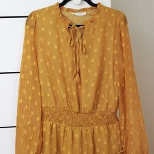 She La La Mustard Yellow Long Sleeve Polka Dot Dress - Size M